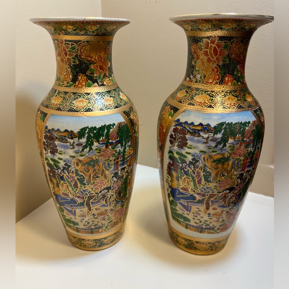 Vintage Samsuma Style Hand Painted Vases